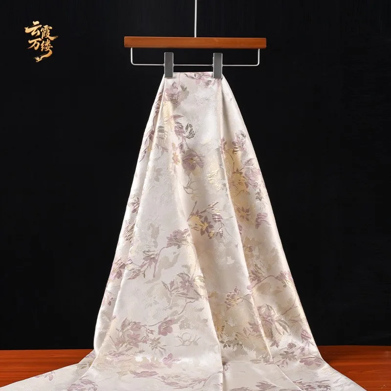 Chinese-style pink gold large flower relief embroidery jacquard fabric for cheongsam and Hanfu designer home textiles fine