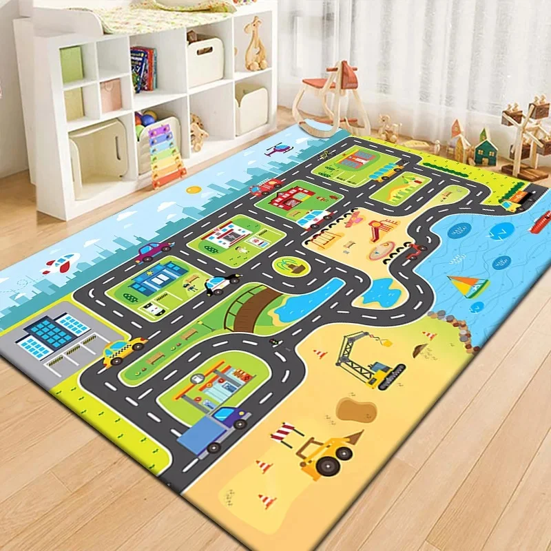 Kids Beach Town Adventure Mat Cartoon City Road Traffic Rug for Children's Playroom Bedroom Educational Game Carpet Perfect
