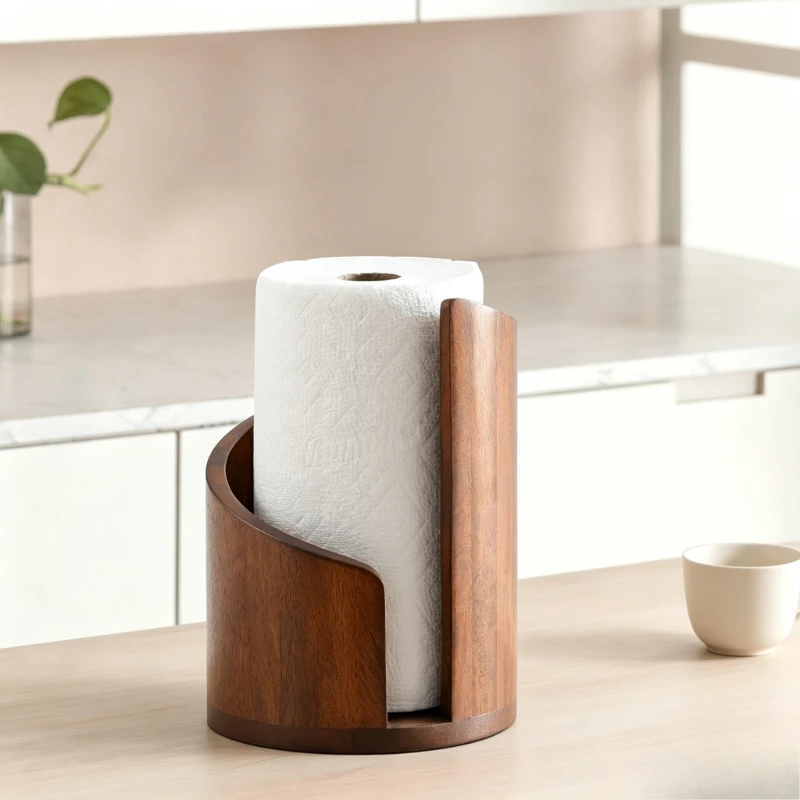 Wooden Paper Towel Holder Countertop Kitchen Roll Paper Storage Stand Desktop Tissue Organizer for Home Dining Room Decor