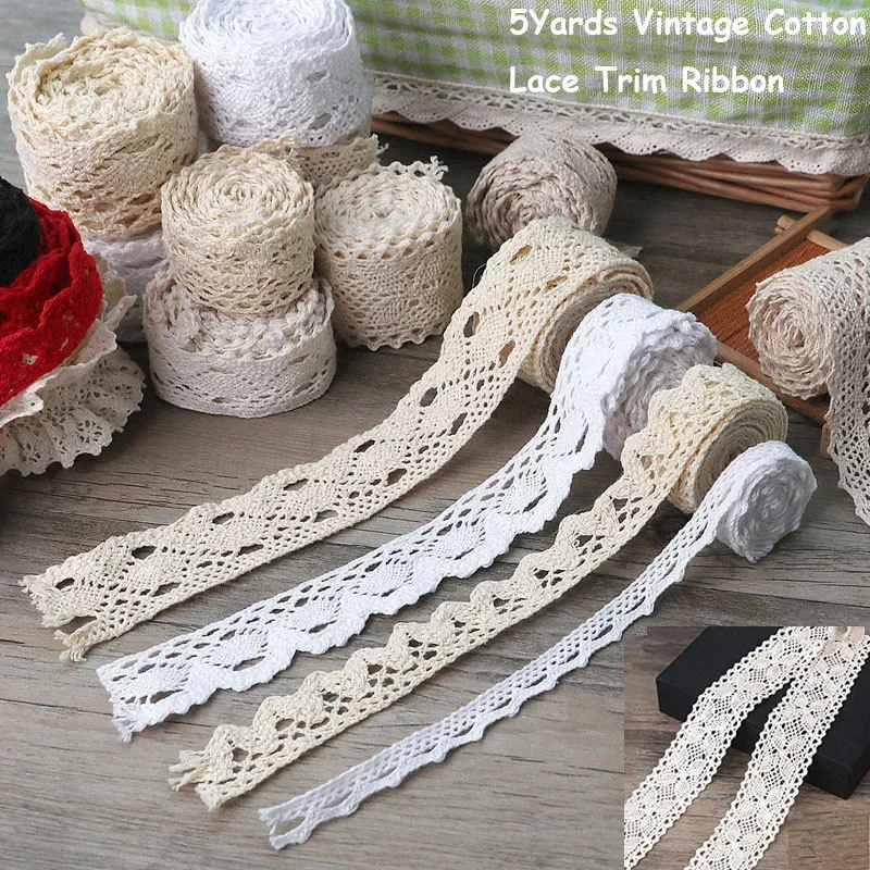 5Yards Vintage Cotton Lace Trim Ribbon 15mm White Beige Sewing Lace Fabric Ribbon Handmade DIY Craft Sewing Supplies