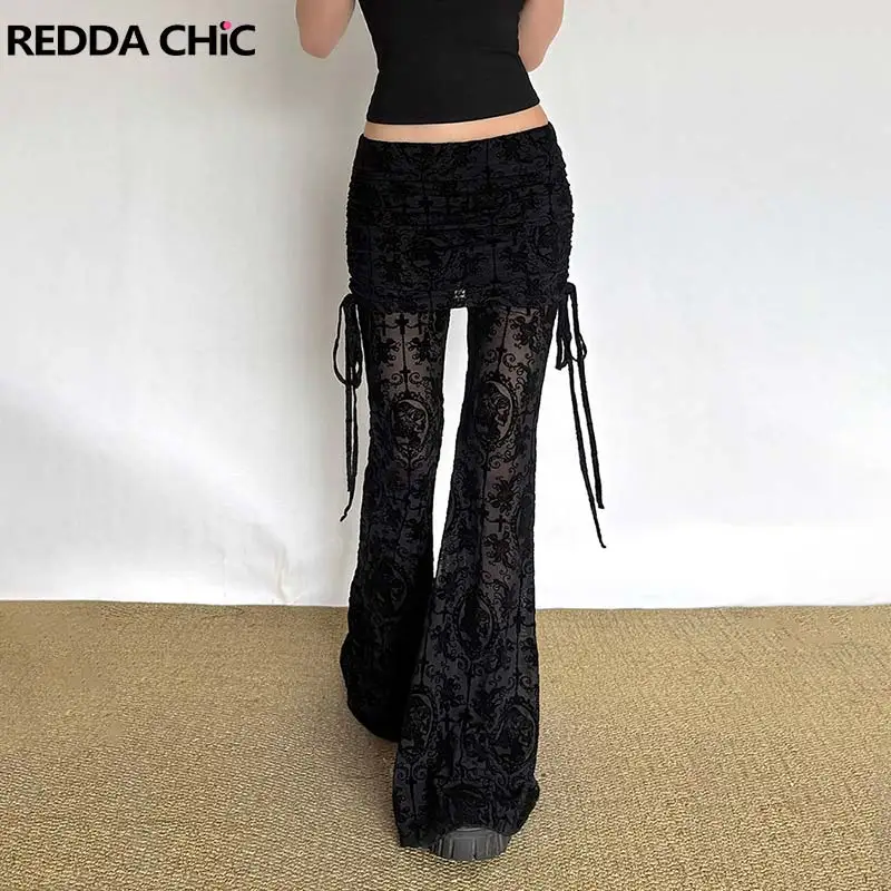 ReddaChic Skull Portrait Lace Women Bell Bottom Goth Black Hollow Out Elastic Waist Flocking Culottes Grunge Alternative Clothes