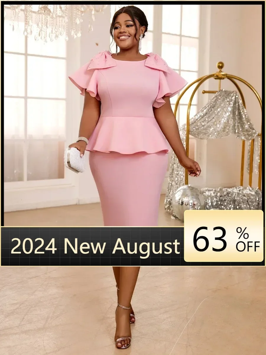 Elegante Vrouwen Roze Slanke Vieren Feestjurk O Hals Boog Kralen Korte Mouw Hoge Taille Ruche Zoom Bodycon Bruiloft Gast Jurken