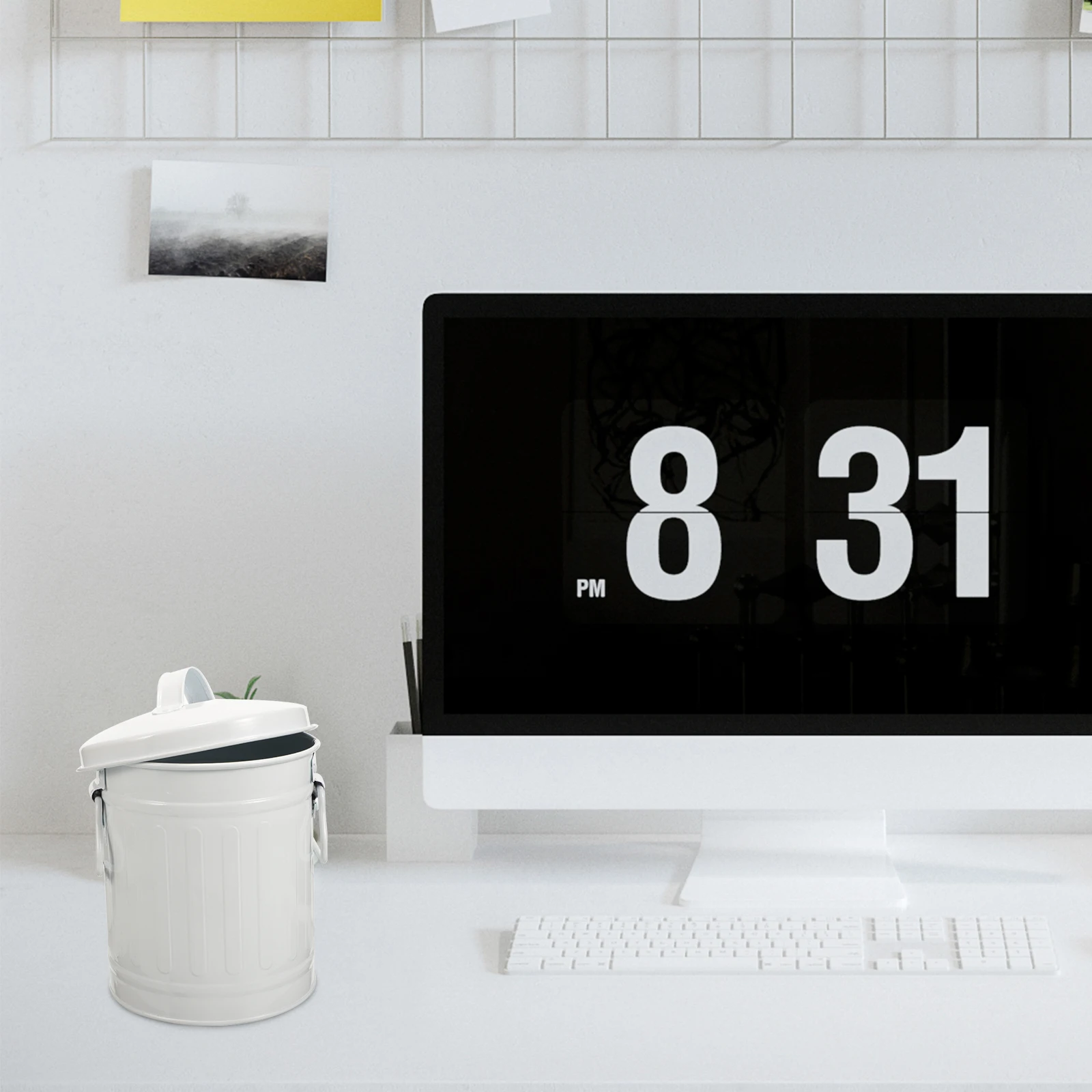 

Desktop Storage Bucket White Iron Retro Trash Can with Lid for Bedroom Living Room Office Garbage Bin Mini Container Flower Pot