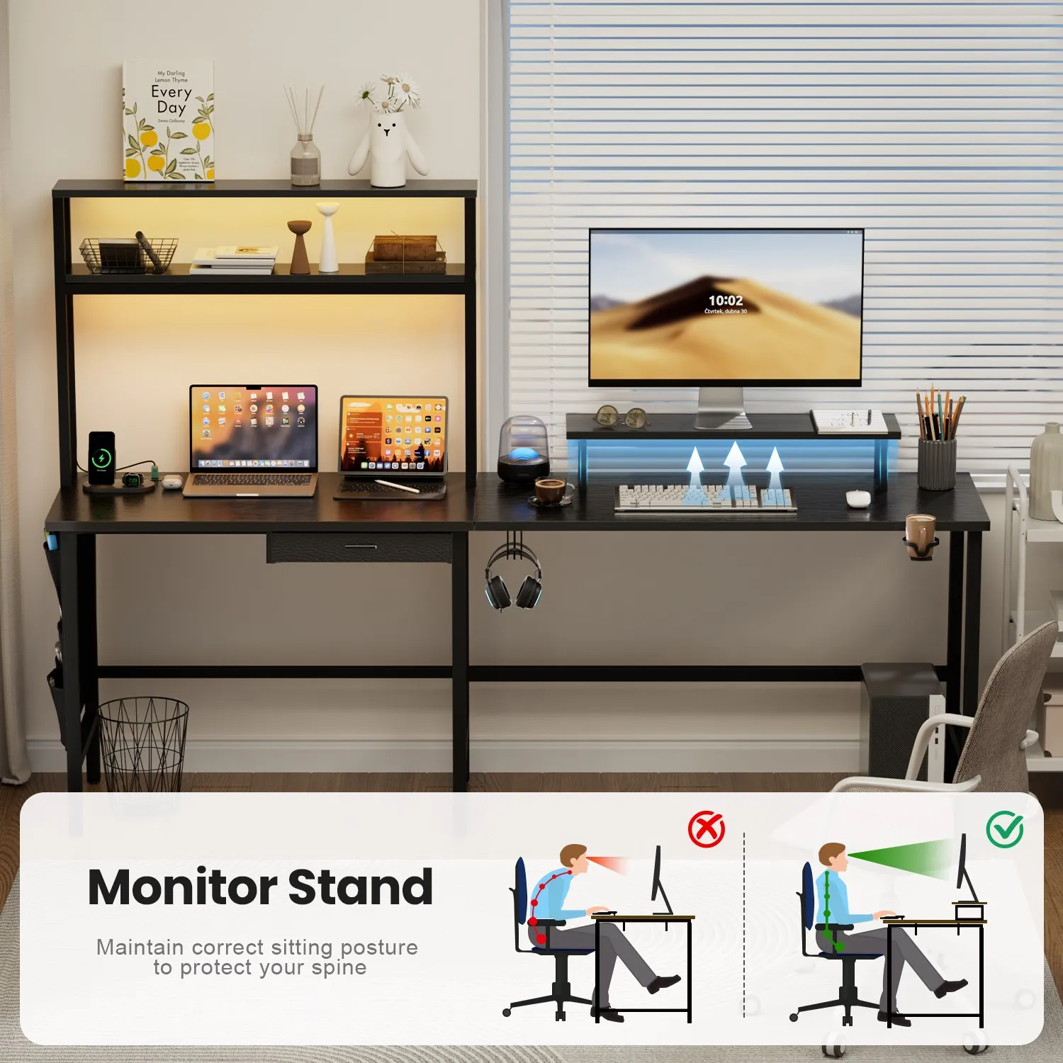 Computer desksL Shaped Gaming Desk with LED Lighting and Power Outlets PC Computer Desk with Monitor Stand for Home Office Setup