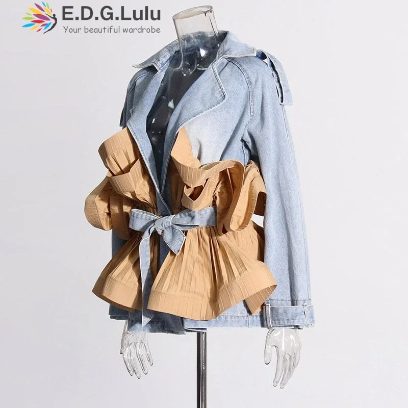 Fashion Design Khaki Ruffle Patchwork Denim Coat Women Spring Autumn Loose Lace-Up Cowboy Jackets 2024