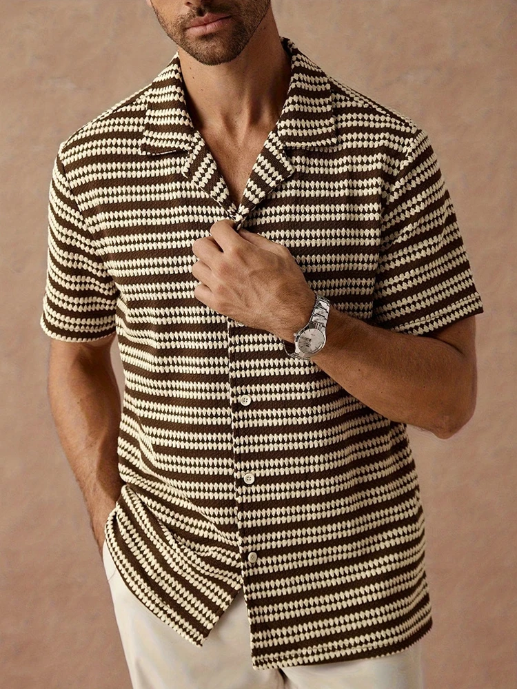 Stylish Hollow Out Striped Knit Cardigan Top Men Summer New Casual Buttoned Lapel Short Sleeve Shirts Mens Vintage Knitted Shirt