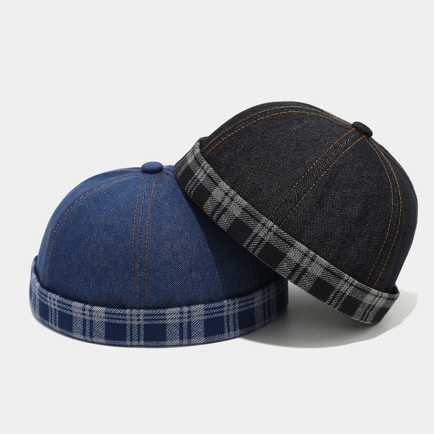 Adjustable Retro Plaid Denim  Melon Cap Unisex Fashion Brimless Beanie Yuppie Hat Stylish and Versatile Landlord Caps