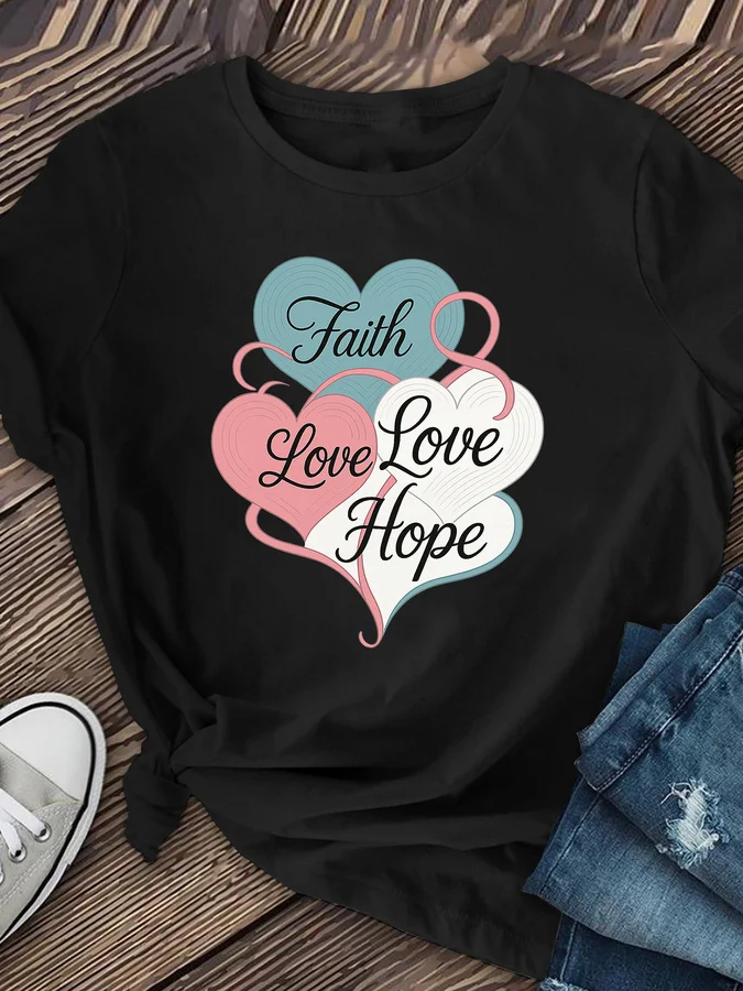 Faith Love Hope Letter Print T Shirt Women Morandi Multi Color Heart Graphic Tees Harajuku Casual Short Sleeve Black Top Female Clothing