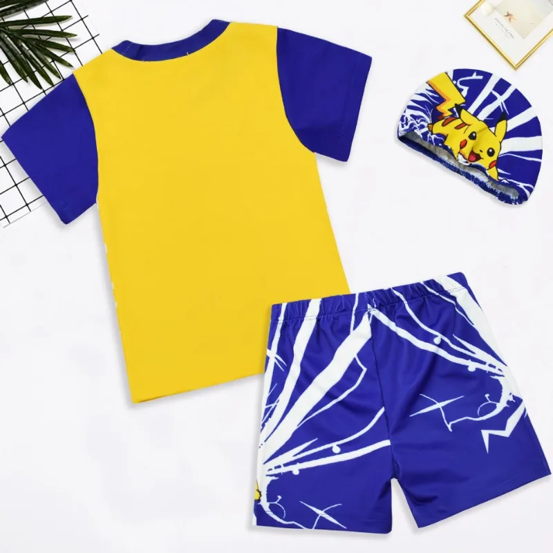 In Stock New Kids Swimwear for Boys Cute Cartoon Pikachu Beach Swimsuit 3-piece Set Kawaii Swimming 100-140cm
