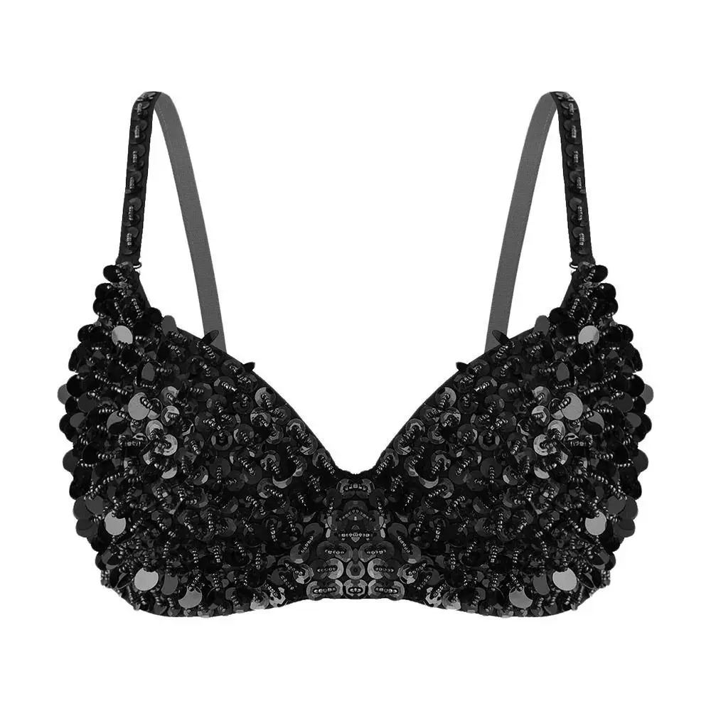 Charming Sequins Beading Belly Dance Bustier Bra Sparkle Padded Stage Performance Top Glittering Shiny Show Costumes Women