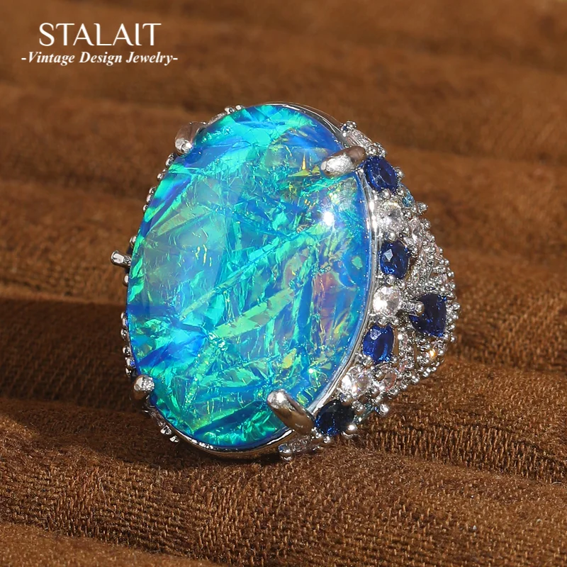 

Vintage Blue Opal Ring Jewelry Original Woman Silver Color Rhinestone 2025 Valentine Day Luxury Designer Jewelry Accessories New
