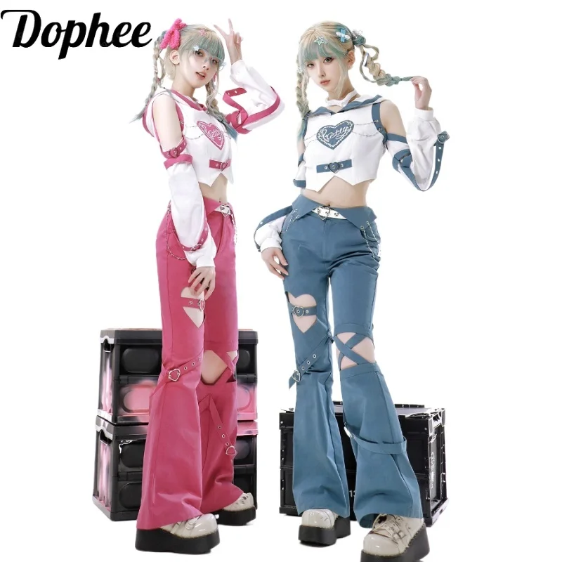 Dophee Original Sweet Girl Two-piece Sets Anime Style High Waist Hooded Pullover Crop Top Hole Bandage Love Buckle Pants Suits