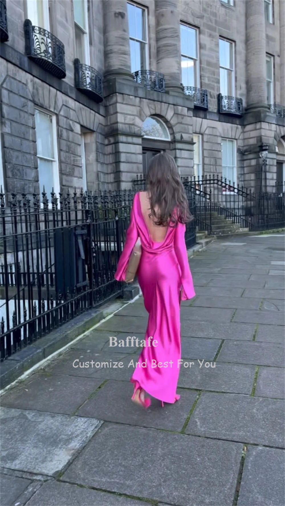 Bafftafe Sheath Silk Satin Women Prom Dresses Customized Long Sleeves Sexy Backless Special Evening Occasion Party Dress 2024