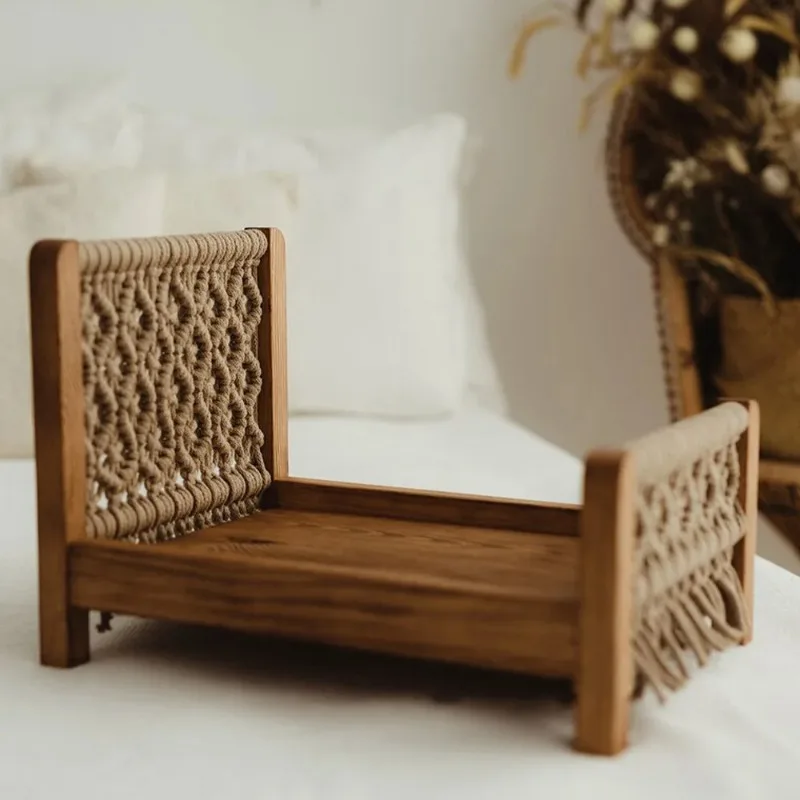 Baby Retro Bed Infant Mini Bed Newborn Centenary Photography Olid Wood Hand-woven Photo Props Furniture Posing Assisted Props