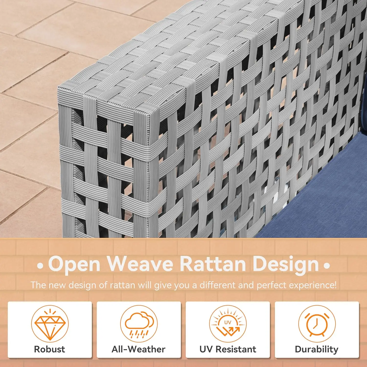 7 Pieces Patio Furniture Set Wicker Outdoor Sectional Sofa,All Weather Grey PE Rattan Outdoor Conversation Set ,NavyBlue