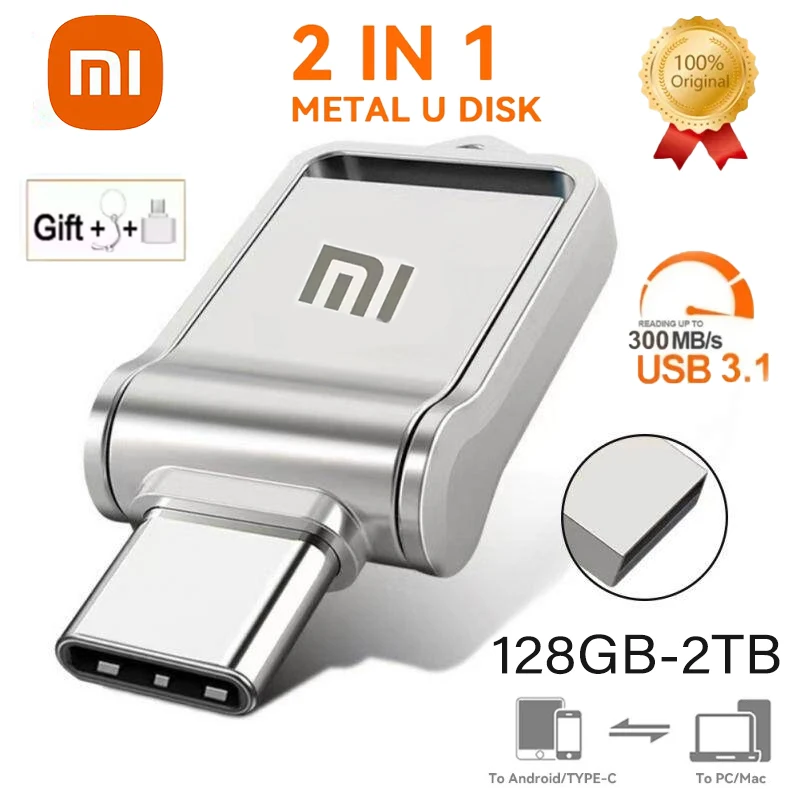 Xiaomi 2TB 3.1 Flash Drive USB Type-c 2-In-1 High Speed Transfer Metal U Disk Waterproof Universal for Mobile Phone Computer