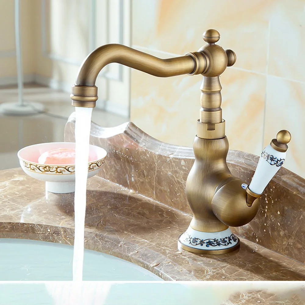 Bathroom Faucet Antique Bronze finish Ceramic Flower Pattern Brass Basin Sink Faucet Single Handle water taps anf511