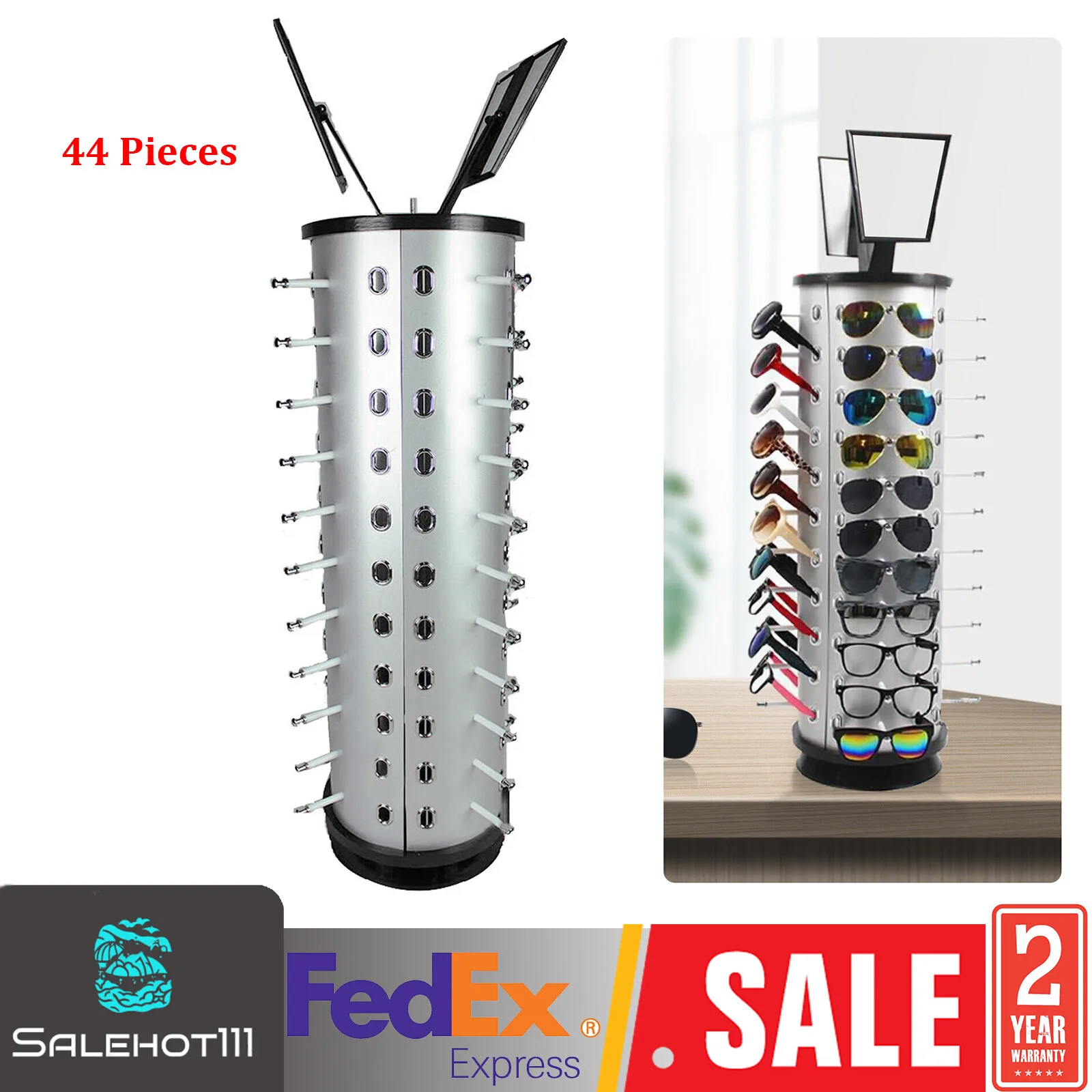 

Rotating Sunglasses Display Rack 44 Pieces + Mirror Spinning Stand Glass Holder