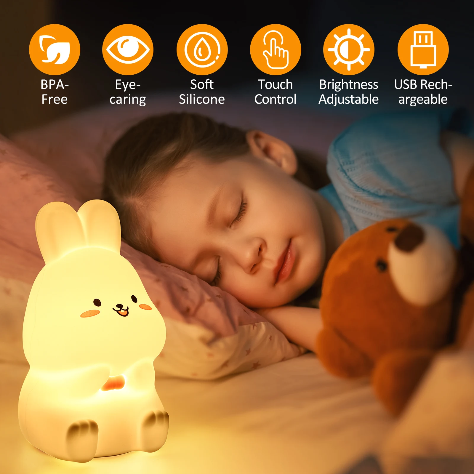 LED Night Light Rechargeable Silicone Squishy Rabbit Lamp Touch Sensor Dimmable Child Gift Creative Bedroom Desktop Decor Lamp