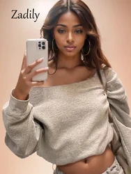 2024 Autumn Sexy Off The Shoulder Women Hoodies Korea Style Long Sleeve Solid Color Pullovers Loose Woman Crop Tops Clothing