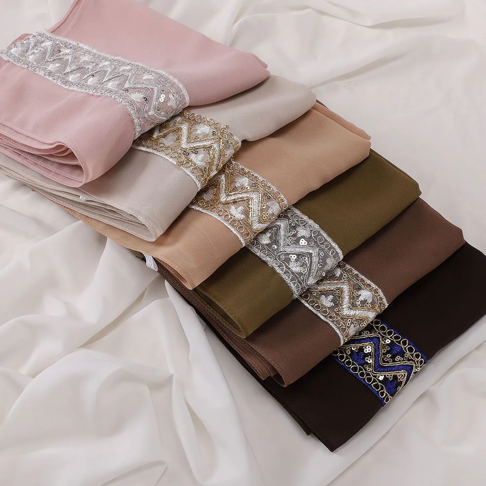 New Pearl Chiffon Embroidered Sequine Headscarf Malay Indonesian Fashion Lace Women Scarf Muslim Hijab Turban Shawls Wrap Stole