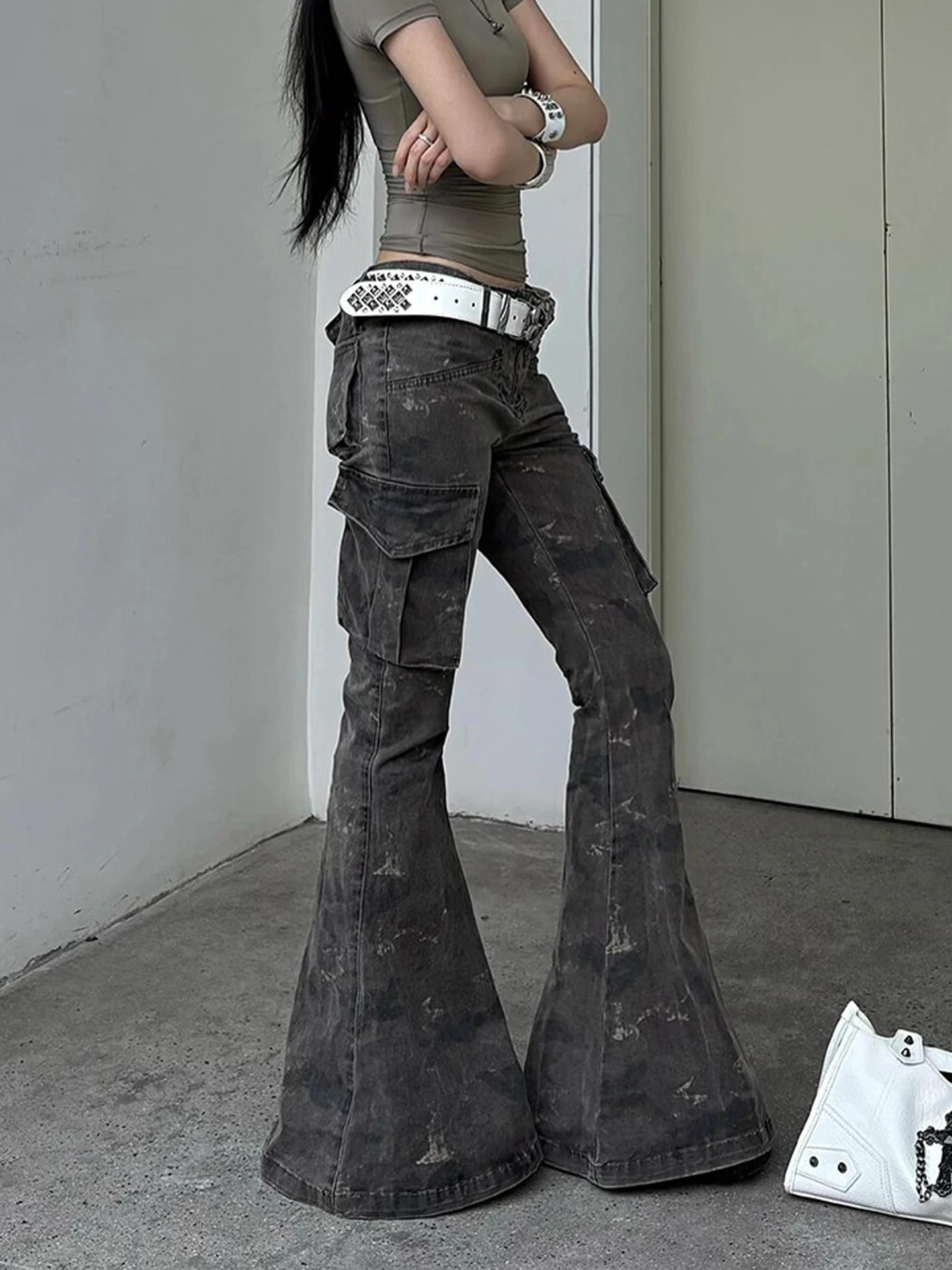 American High Street Retro Spicy Low Waist Washed out Camo Denim Pants Women's Autumn New Style Casual Wide Leg Pants