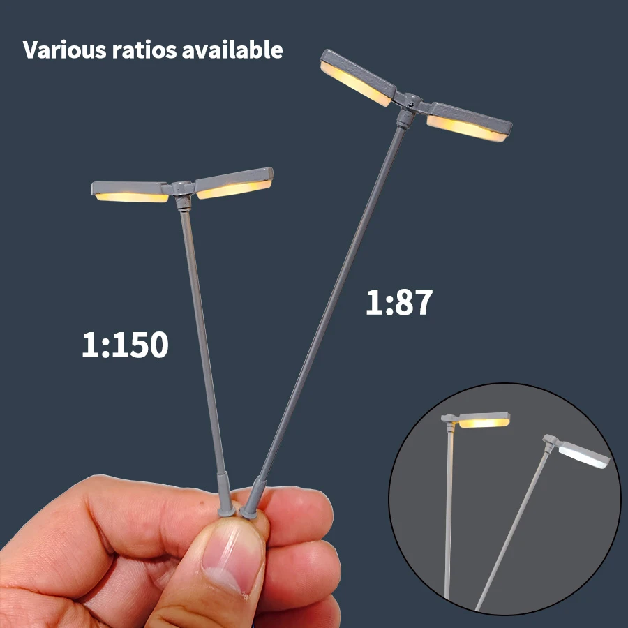 ไฟถนนจำลองขนาด 1/87 1/150 หลอดไฟ LED 3V แบบหัวเดียว/หัวคู่ สำหรับรถไฟ โคมไฟรางรถไฟ ฉากจำลองขนาดเล็ก ของตกแต่ง 1 ชิ้น