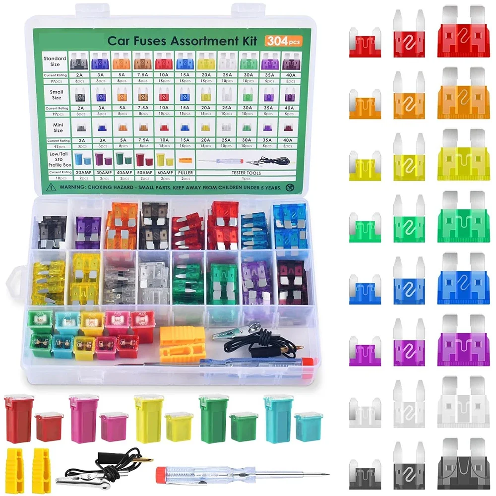 

304pcs car fuse combination kit including standard small mini carblade fuses car low/high/STD profile box fuses with fuse puller