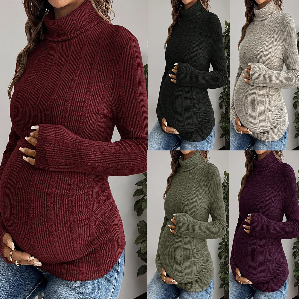 2026 New Maternity Turtleneck Knit Base Shirt Autumn Winter Stretchy Ribbed Long Sleeve Loose Top Third Trimester Pregnant Women