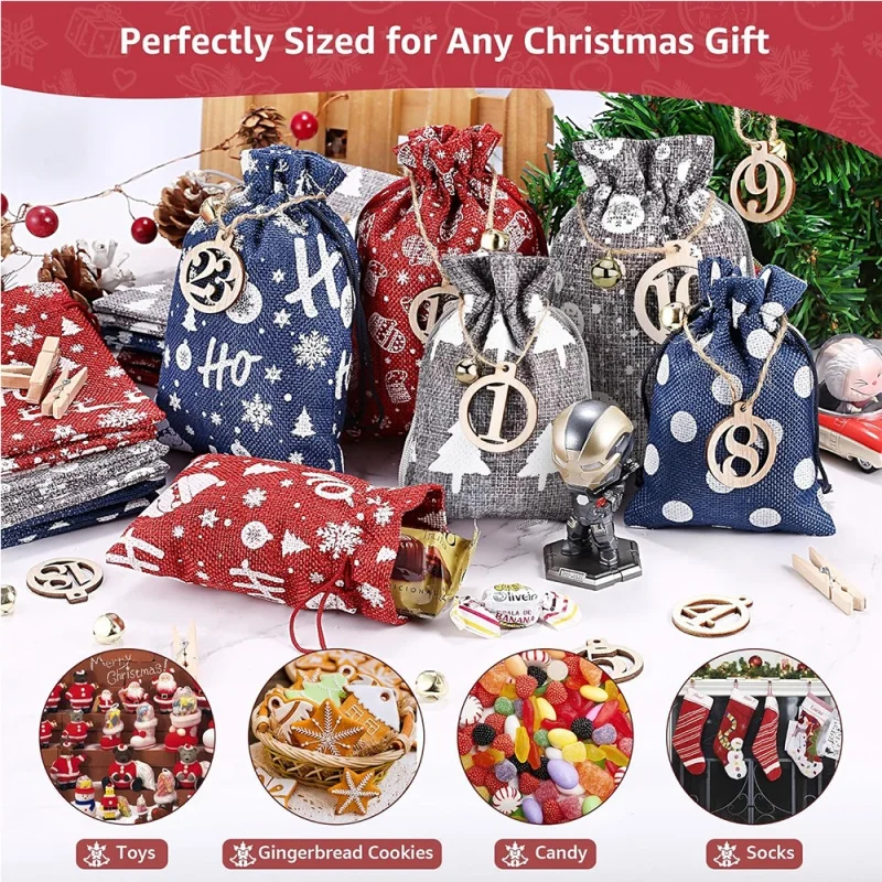 

New 24Pcs Reusable Christmas Advent Calendar Bags - Burlap Drawstring Sacks, Xmas Countdown Gift Bags for Home Party Candy