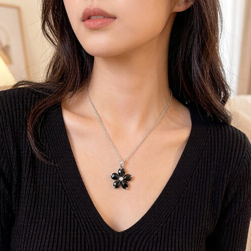 Necklace Black Petals Flower Summer Brand New Romantic Fine Jewelry Europe 925 Sterling Silver Gift For Women