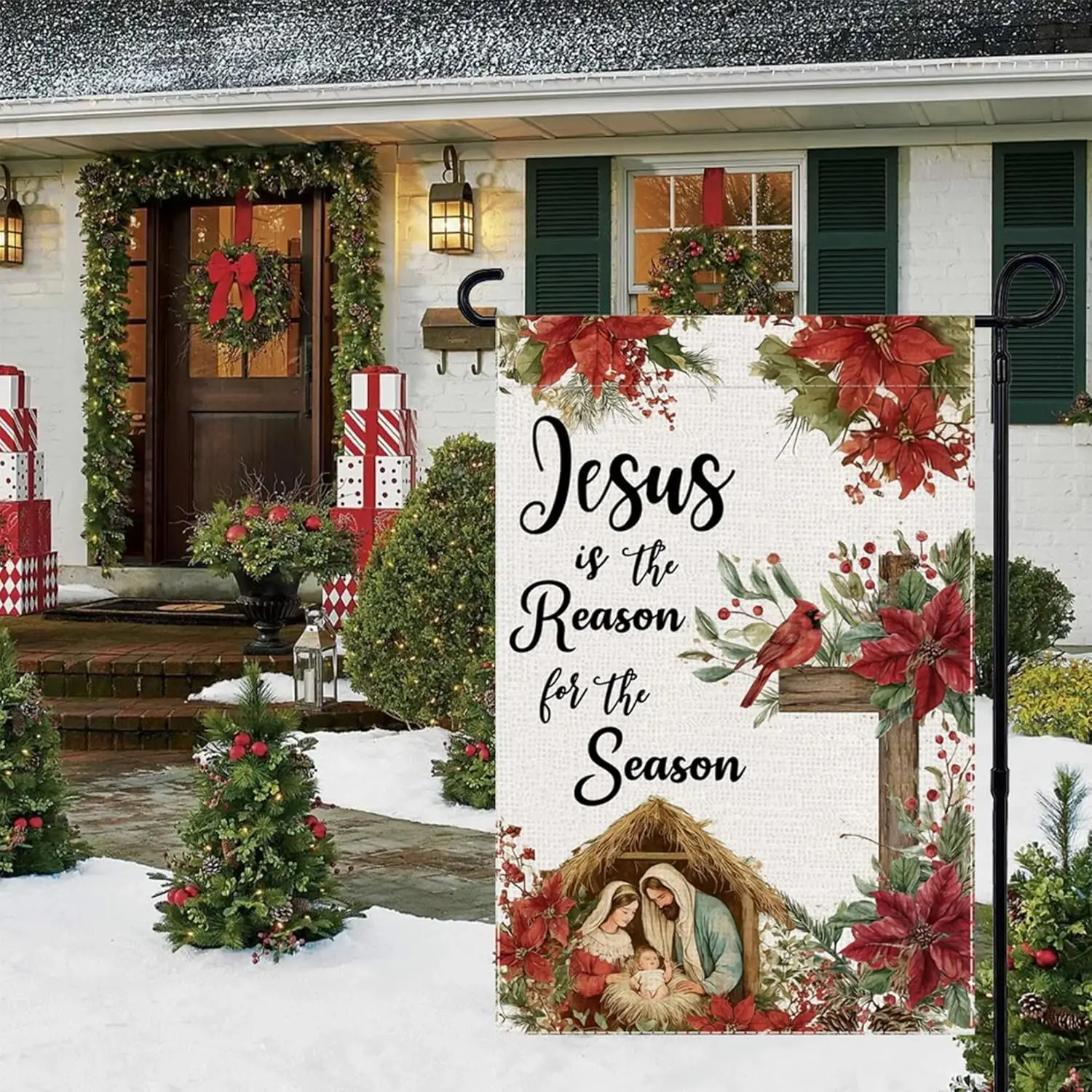 Christmas Garden Flag Jesus Is The Reason for The Season Winter Welcome Small Flags for Outside, 12x18 Inch Cross Double Sid PPM