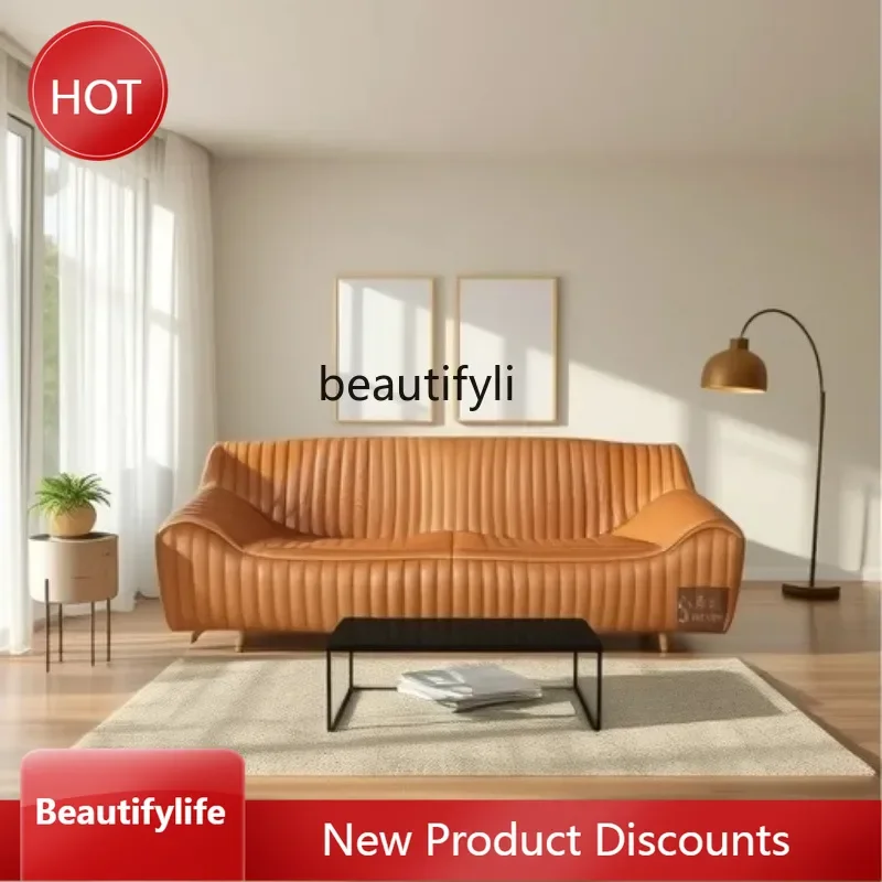 

J46 Диван Wave, масляная восковая кожа Французская кожа в стиле ретро, гостиная, кожаный диван карамельного цвета