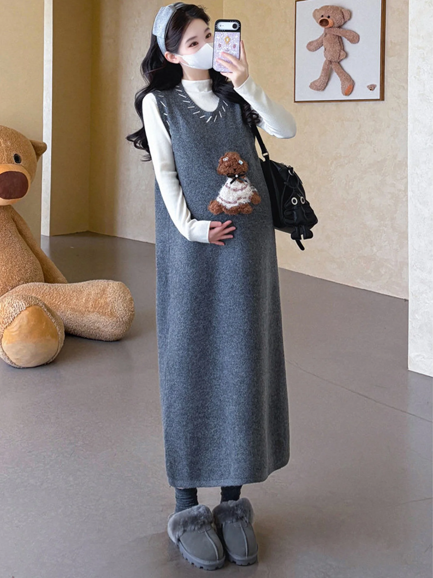elegant-embroidered-maternity-dress-and-sweater-set-autumn-winter-thickened-long-sleeve-knitted-cotton-casual-style-fashionable