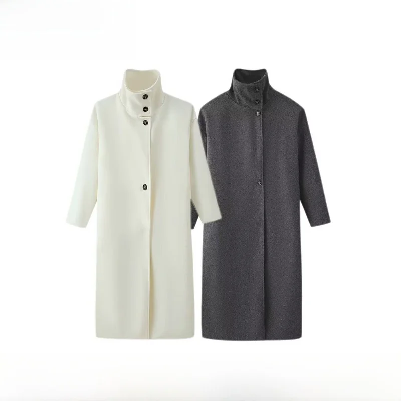 Nuevo Otoño Invierno mujer Faion Street Sle abrigo largo suelto de lana cuello de chimenea prendas de vestir exteriores fibra de poliéster 00%