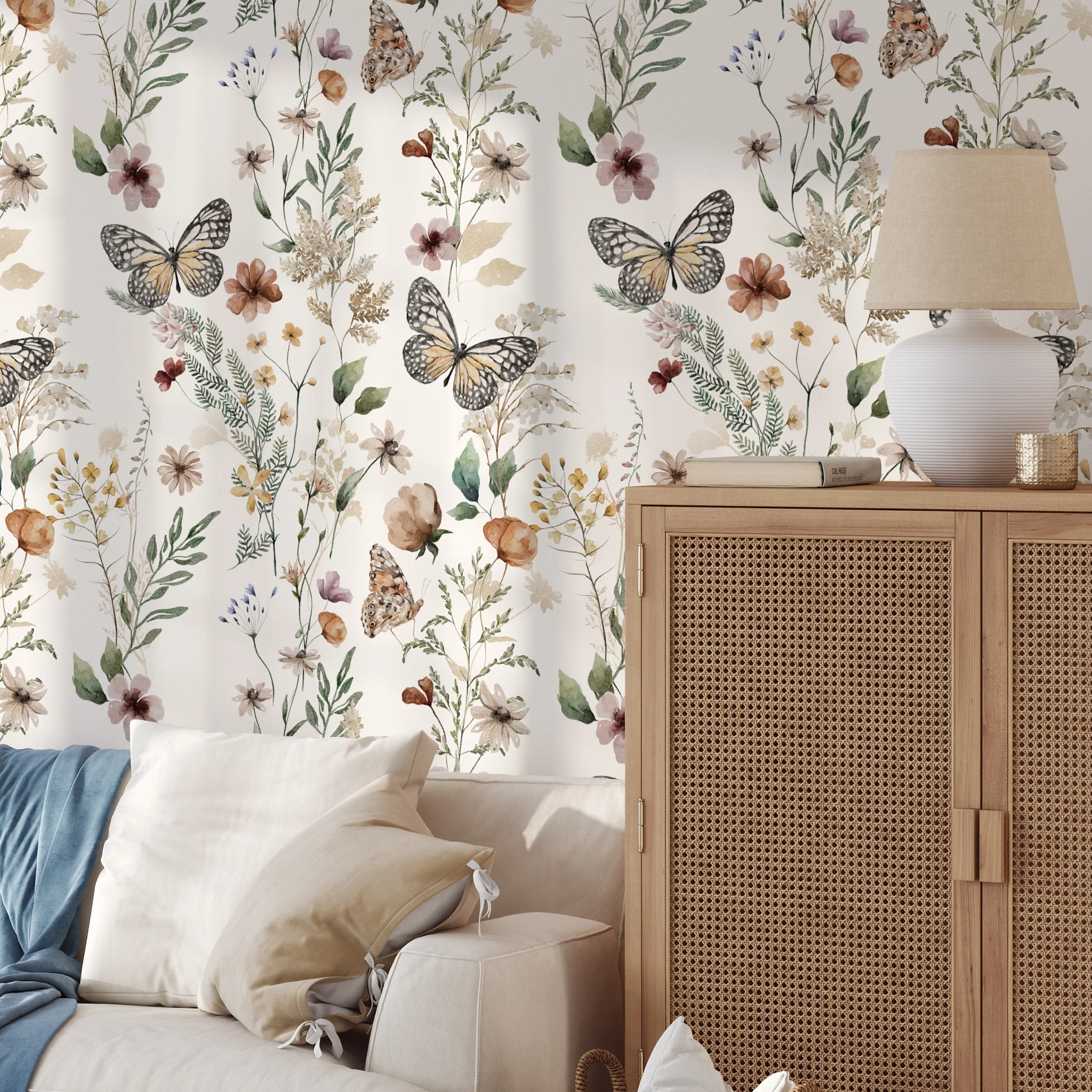 Watercolor Wildflower Butterfly Wallpaper Self Adhesive Contact Paper Removable Waterproof Wall Sticker for Cabinet Home Decor