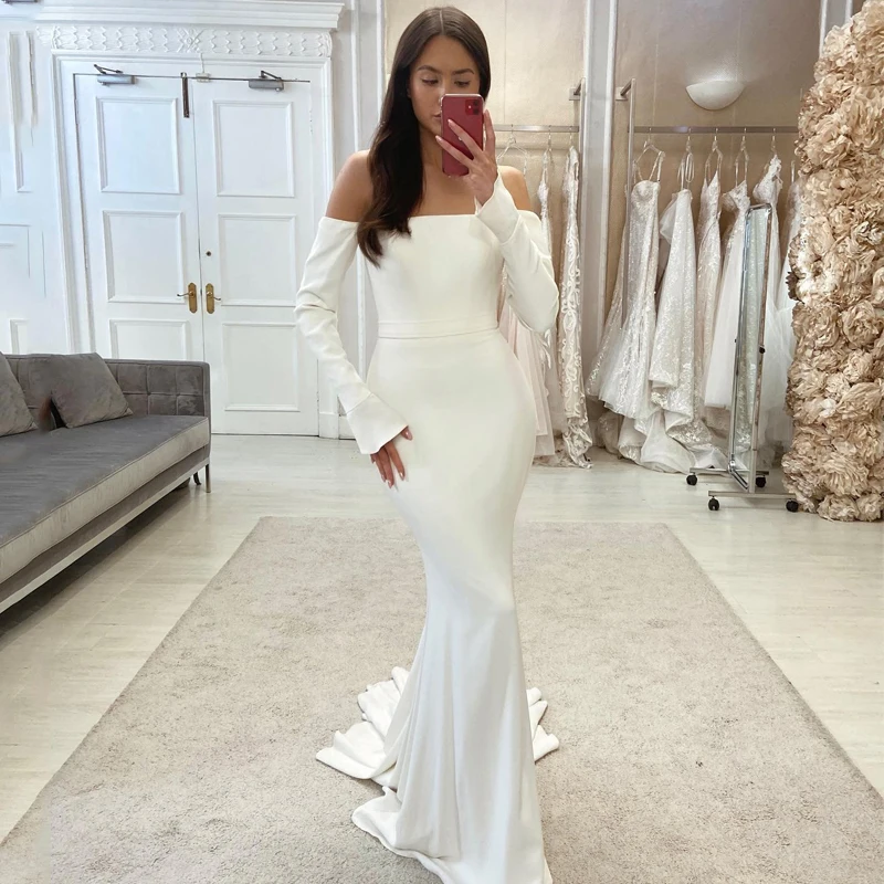 

Eightree Boho Mermaid Wedding Dresses White Off The Shoulder Long Sleeve Dress Beach Satin Wedding Evening Prom Gown Custom Size