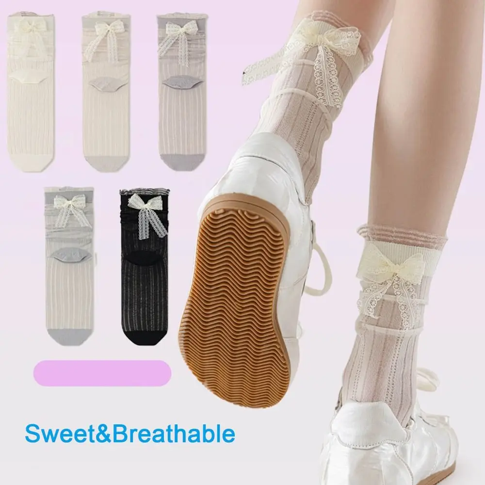 

3Pairs Cute Ruffle Mesh Bowknot Socks Ballet Style Breathable Mid Tube Socks Lolita Female Hosiery Sweet Socks Women Lady