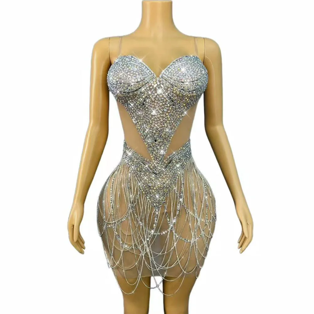 

Women Luxury Handmade Shining Rhinestones Crystals Chains Mesh Dress Cocktail Birthday Party Evening Outfit Show Stage Costume