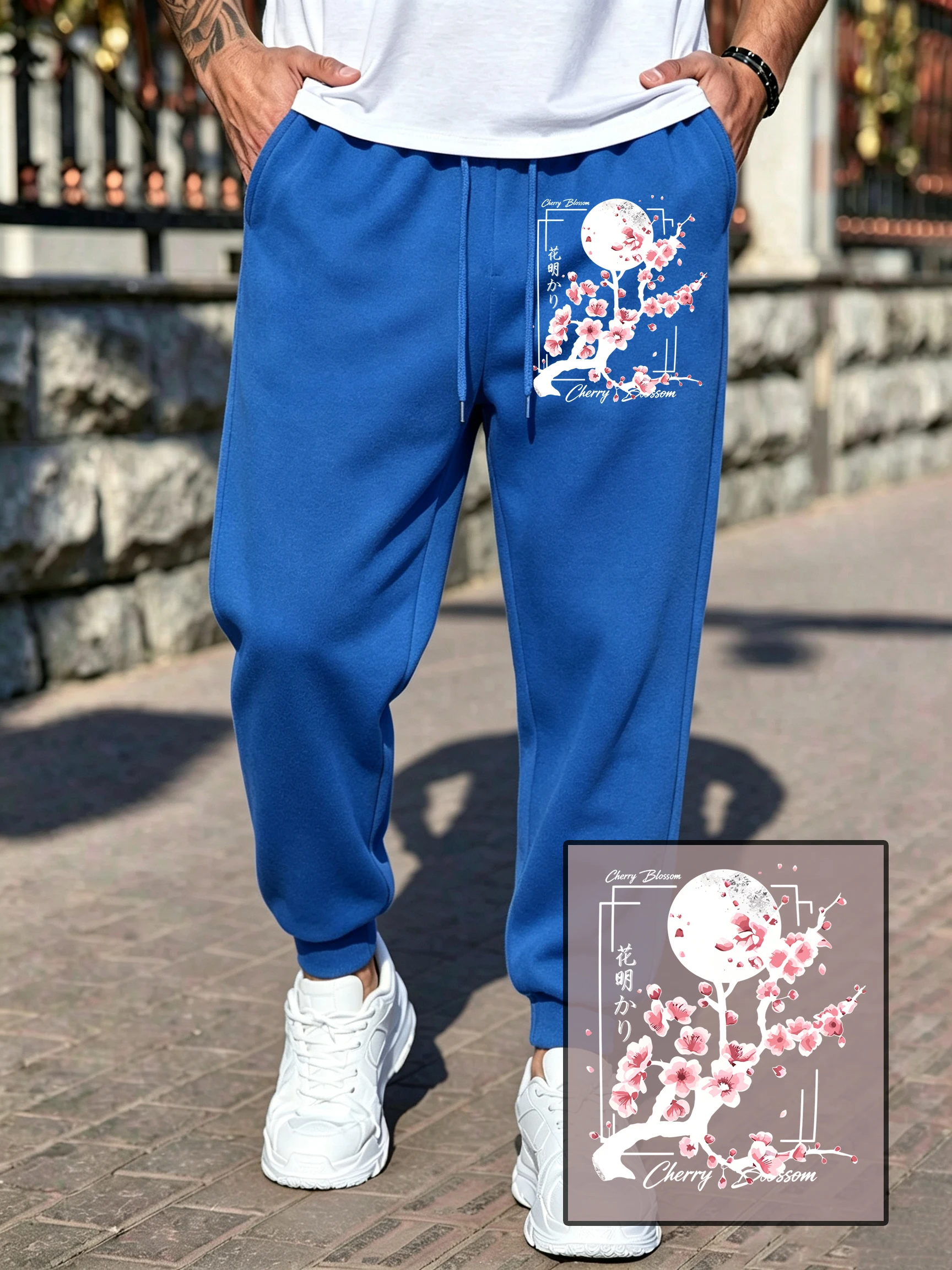 Japanese Cherry Blossom Sakura Letter Print Men'S Sweatpants Casual Autumn Sportpants Loose Fleece Trousers Korean Jogging Pant