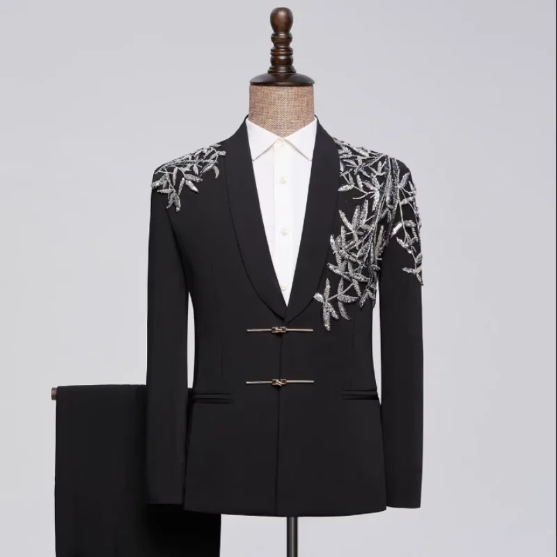 

Men's Fashion Chinese Style Wedding Suit Black Shawl Collar Slim Fit Embroidery 2-Piece Set Groom Banquet Host Singer Suits