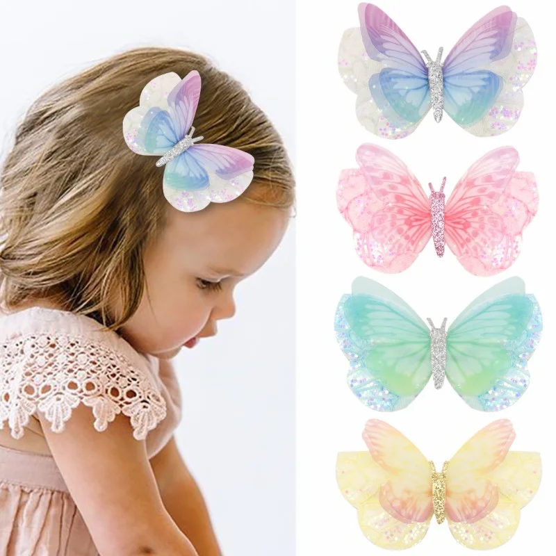 3inch Colorful Glitter Butterfly Hair Clips Cute Hairpins For Women Girls Yarn Hair Bows Hairgrip Barrettes Hair Accessories