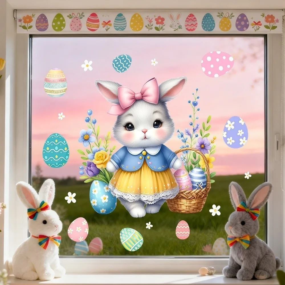 New Easter Flower Rabbit Sticker Self-Adhesive PVC Festival Party Sticker Waterproof Removable Wall Decal Glass Decoration