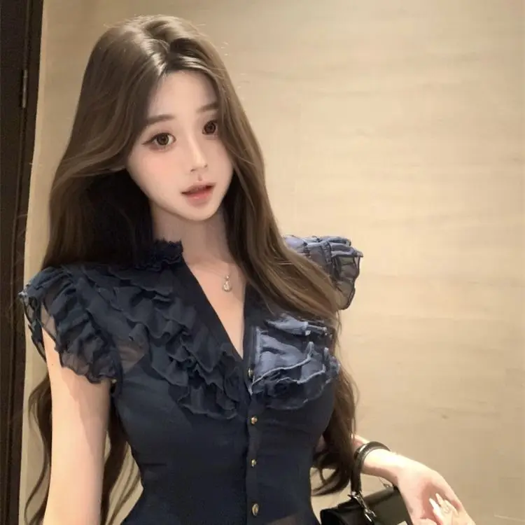 Frans mouwloos chiffon overhemd 2025, lente zomer, nieuw temperamentontwerp, blusas de mujer, casual tops, dh Porno, Femmes