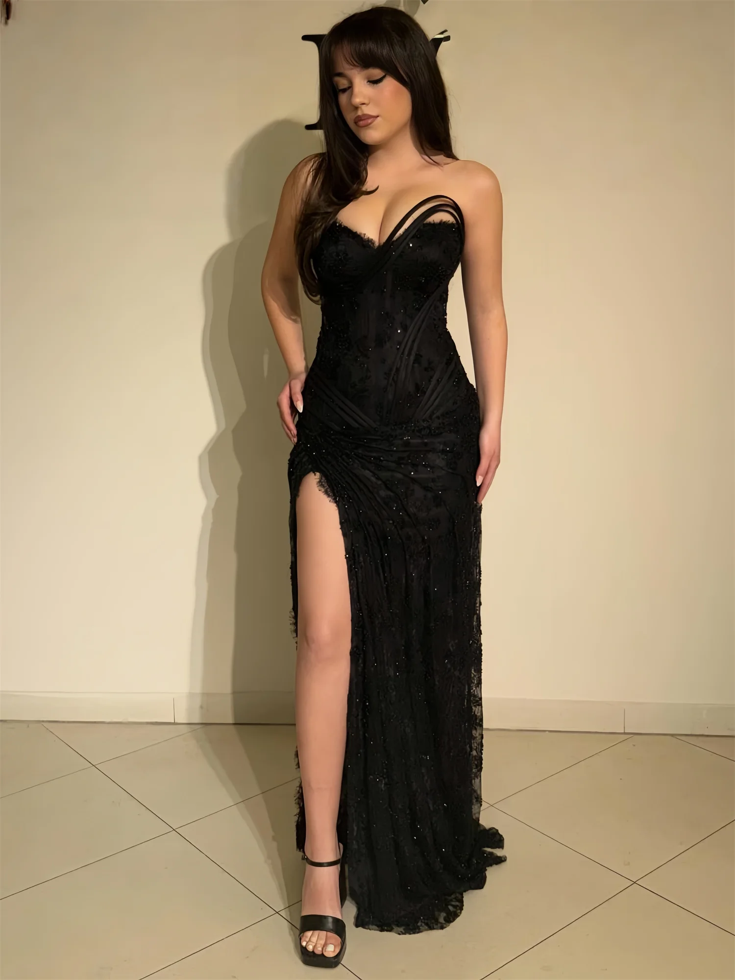Robe de soirée à paillettes EDECPBM pour femmes, style américain sexy, dentelle noire, événements formels, fête, collection personnalisée, nouvelle collection, luxe