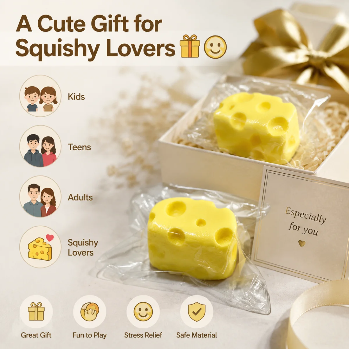 Food Grade Silicone Cheese Shape Squishy Toy Soft Squeeze Fidget Toy Stress Relief Decompression Toy For Kids Adults
