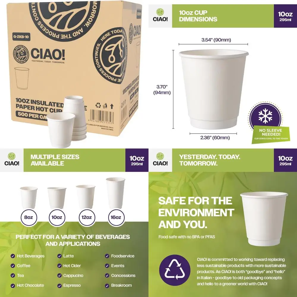 

Insulated Double Wall White Paper Hot Cups, 10 oz Capacity, 90mm Diameter, 500 Pack for Cozy Beverages