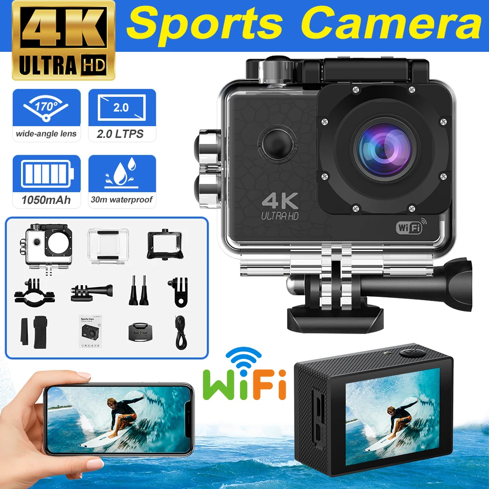 4K/30fps Ultra HD Action Camera WiFi 2.0-inch Waterproof Helmet Video Recording Camera Sports Camera Outdoor Mini Portable Cam