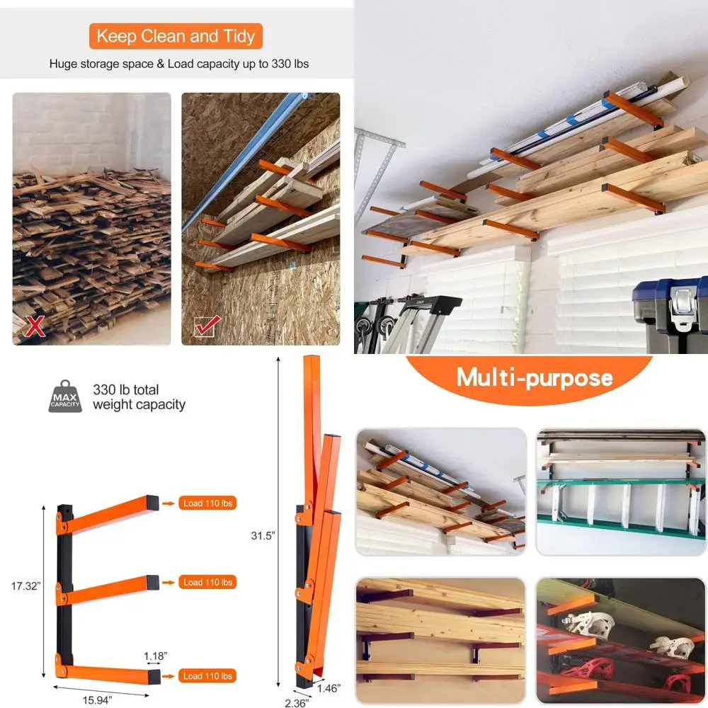 

4-Pack 3-Level Wall-Mounted Wood Organizer and Metal Lumber Rack for Indoor & Outdoor Use