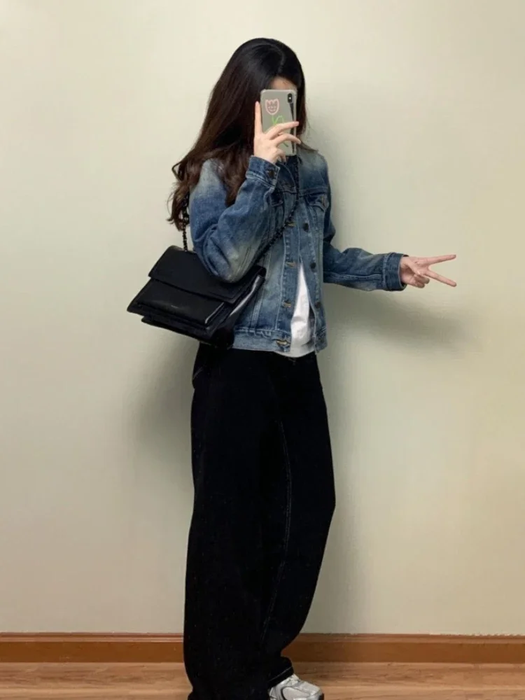Women 2026 Spring Autumn New American Vintage Denim Jacket Korean Style Loose Age-Reducing Petite Casual Top